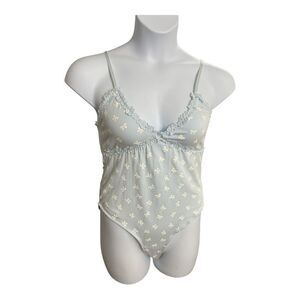 Forever 21 Blue Bodysuit Size XL Ribbon Lace-Trim Sleeveless Adjustable Straps